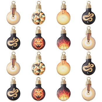 30Pcs 6 Styles Printed Alloy Enamel Pendants, Lead Free & Nickel Free & Cadmium Free, Light Gold, Light Bulb, Mixed Color, 22x12x2.5mm, Hole: 1.8mm, 5pcs/style