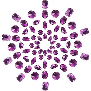 Sew on Rhinestone, Taiwan Acrylic Rhinestone, Two Holes, Garments Accessories, Flat Back and Faceted, Mixed Shapes, Purple, 5.4x5.3x2cm, 70pcs/box