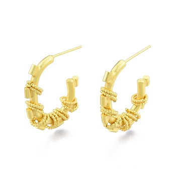 Brass Ring Beaded Stud Earrings, Half Hoop Earrings for Women, Nickel Free, Matte Gold Color, 25x21.5x5.5mm, Pin: 0.6mm