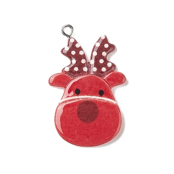 Christmas Theme Opaque Resin Pendants, Christmas Charms, with Platinum Tone Iron Loops, Deer, 37.5x24x3.5mm, Hole: 1.8mm