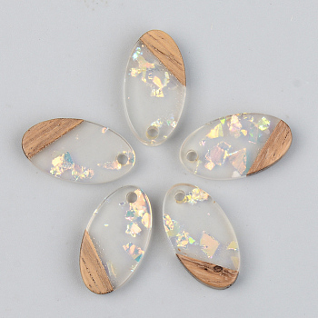 Transparent Resin & Walnut Wood Pendants, with Glitter Sequins, Oval, Clear, 20x11x3mm, Hole: 2mm