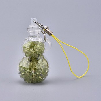 Transparent Glass Wishing Bottle Pendant Decoration, with Natural Peridot Chips inside, Plastic Plug, Nylon Cord and Iron Findings, Gourd, 111~130mm