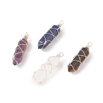 Natural & Synthetic Mixed Stone Double Terminal Pointed Pendants, Bullet Charm, with Copper Wire Wrapped, Silver, 37.5x11x11mm, Hole: 2.5mm