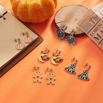 Halloween 304 Stainless Steel Stud Earrings, with Alloy Enamel, Mixed Shapes, Mixed Color, 29~35.5mm, 5pair/set