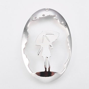 Brass Pendants, Nickel Free, Oval with Human, Real Platinum Plated, 45x30x1mm, Hole: 1.2~1.5mm