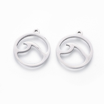 201 Stainless Steel Pendants, Manual Polishing, Flat Round with Wave Pattern, Stainless Steel Color, 18x16x1.5mm, Hole: 1.2mm