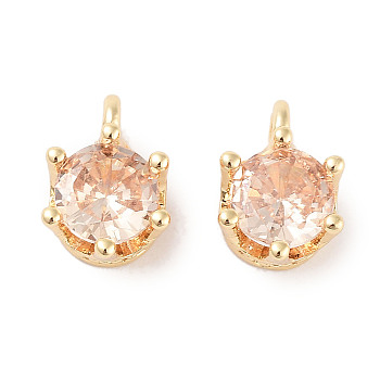Brass Micro Pave Cubic Zirconia Charms, Flat Round, Real 18K Gold Plated, PeachPuff, 8x6x4.8mm, Hole: 1.6mm