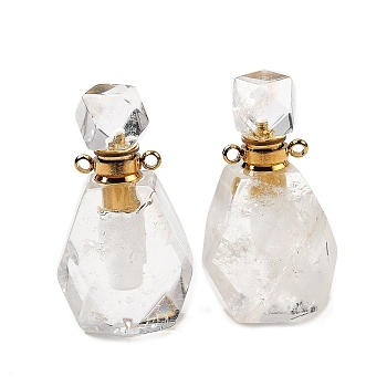 Natural Quartz Crystal Perfume Bottle Pendants, Faceted Rock Crystal Gems Bottle Charms with 304 Stainless Steel Findings, Golden, 35~35.5x20~20.5x13.5~14mm, Hole: 1.8mm