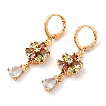 Rack Plating Golden Brass Dangle Leverback Earrings, with Cubic Zirconia, Flower, Colorful, 38x10.5mm