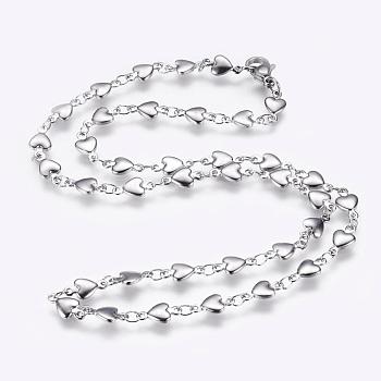 304 Stainless Steel Chain Necklaces, with Lobster Claw Clasps, Heart, Stainless Steel Color, 17.9 inch(45.5cm)