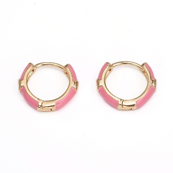 Brass Micro Pave Clear Cubic Zirconia Huggie Hoop Earrings, with Enamel, Pearl Pink, 16x3mm, Pin: 1mm