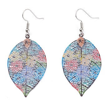 Spray Painted Stainless Steel Leaf Dangle Earrings, Etched Metal Embellishments, with Iron Earring Hooks, Stainless Steel Color, Colorful, 67mm, Pin: 0.7mm