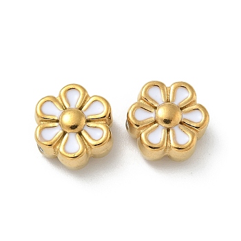 Ion Plating(IP) 304 Stainless Steel Beads, with Enamel, Real 18K Gold Plated, Flower, White, 9x9x5mm, Hole: 1.2mm