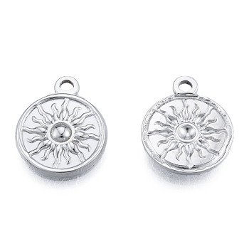 201 Stainless Steel Pendants, Flat Round with Sun, Stainless Steel Color, 19x15.5x2mm, Hole: 1.8mm