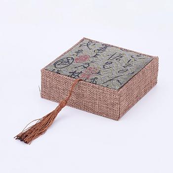 Wooden Bracelet Boxes, with Linen and Nylon Cord Tassel, Rectangle, Slate Gray, 10x10x3.7cm