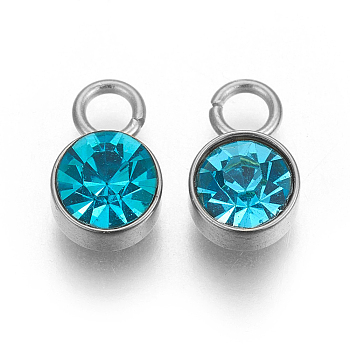 Glass Rhinestone Charms, Birthstone Charms, with Stainless Steel Color Tone 201 Stainless Steel Findings, Flat Round, Blue Zircon, 10x6x5mm, Hole: 2mm