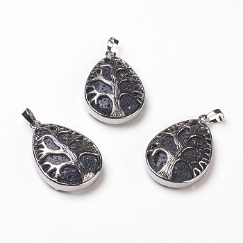 Natural Lava Rock Pendants, with Brass Findings, Teardrop with Tree of Life, Platinum, 39x25.5x7mm, Hole: 7.5x5mm