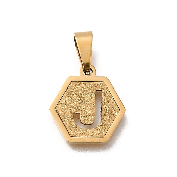 304 Stainless Steel Charms, Real 18K Gold Plated, Hexagon with Letter Charm, Letter J, 15x14x1.5mm, Hole: 3x5.5mm