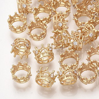 Brass Beads, with Cubic Zirconia, Large Hole Beads, Crown, Real 18K Gold Plated, 8x6mm, Hole: 6mm