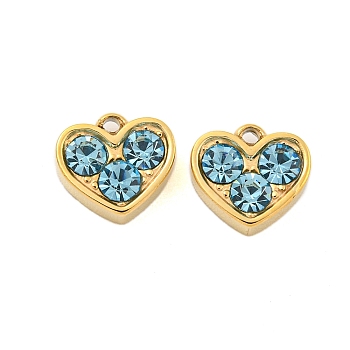 304 Stainless Steel Pendants, with Rhinestone, Heart Charms, Real 14K Gold Plated, Aquamarine, 7x8x3mm, Hole: 1mm