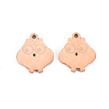304 Stainless Steel Charms, Laser Cut, Owl, Rose Gold, 12.5x11x1mm, Hole: 1.2mm