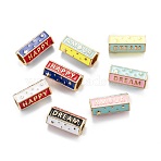 Real 18K Gold Plated Brass Tube Beads, with Enamel, Hexagon with Star & Word Happy Dream, Mixed Color, 21.5x11x9.5mm, Hole: 4~7.5mm(KK-A155-24G)