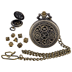 Vintage Alloy Flat Round Hollow Pocket Watch with Brass Curb Chain, Clips and 7Pcs Dices, Antique Bronze, 440mm(AJEW-PH0007-68AB)