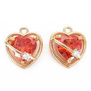 Brass Micro Pave Cubic Zirconia Charms, Real 18K Gold Plated, Nickel Free, Heart, Red, 13x11.5x7mm, Hole: 1.2mm(KK-N232-303B)