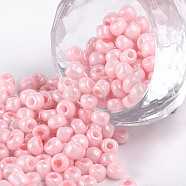 6/0 Glass Seed Beads, Opaque Colours Seed, Small Craft Beads for DIY Jewelry Making, Round, Round Hole, Pink, 6/0, 4mm, Hole: 1.5mm about 500pcs/50g, 50g/bag, 18bags/2pounds(SEED-US0003-4mm-55)