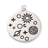 Brass Enamel Pendants, Solar System Pendants, with Jump Rings, Long-Lasting Plated, Flat Round & Planet, Black, Real Platinum Plated, 24x21.5x1.5mm, Hole: 3mm(KK-F825-03P)