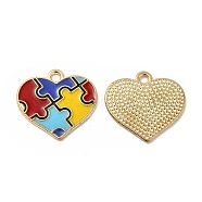 Alloy Enamel Pendants, Heart with Autism Puzzle Pattern Charm, Golden, Colorful, 19x20.5x1mm, Hole: 2mm(ENAM-J650-01G-01)