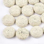 Handmade Woven Decorations, Paper Imitation Raffia Covered with Wood, Half Round/Dome, Antique White, 22~23x9~10mm(X-WOVE-T006-133A)