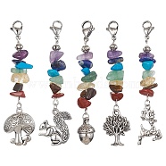 Autumn Theme Tibetan Style Alloy Pendants Decoration, 7 Chakra Gemstone Chips and 304 Stainless Steel Lobster Claw Clasps Charms, Mixed Shapes, 65~70mm(HJEW-JM01207)