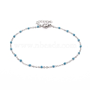 304 Stainless Steel Cable Chain Anklets, with Enamel and Lobster Claw Clasps, Stainless Steel Color, Deep Sky Blue, 230x2mm(AJEW-K030-01P-07)
