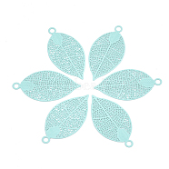 430 Stainless Steel Filigree Pendants, Spray Painted, Etched Metal Embellishments, Leaf, Pale Turquoise, 38x19x0.4mm, Hole: 2.4mm(X-STAS-S108-01C)