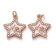 Brass Clear Cubic Zirconia Pendants, Long-Lasting Plated, with Enamel and Jump Ring, Star, Real Rose Gold Plated, 16x14.5x2.5mm(KK-B028-05RG-C)