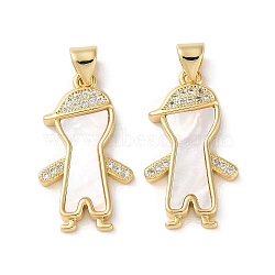 Brass Micro Pave Clear Cubic Zirconia Pendants, with Shell, Real 18K Gold Plated, Human, 24x13.5x3mm, Hole: 5x3.5mm(KK-B083-28B-G)