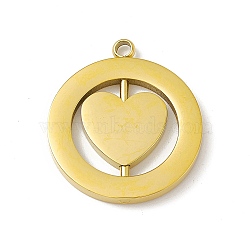 304 Stainless Steel Turnable Pendants, Hollow, Flat Round with Heart Charm, Golden, 28x24.5x2mm, Hole: 2.5mm(STAS-G297-12G)