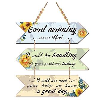 Wood Hanging Sings, Home Decorations, with 1M Jute Ropes and 10Pcs Wood Beads, Arrow with Inspirational Word about A Great Day, Aqua, Sign: 300x8.5x5mm, 3pcs/set