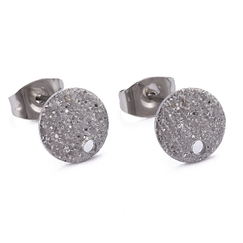 304 Stainless Steel Stud Earring Findings, with Ear Nuts/Earring Backs & Loop, Textured, Flat Round, Stainless Steel Color, 8x1mm, Hole: 1.4mm, Pin: 0.8mm