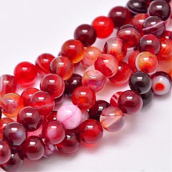 Natural Striped Agate/Banded Agate Bead Strands, Dyed & Heated, Round, Grade A, FireBrick, 8mm, Hole: 1mm, about 48pcs/strand, 15.1 inch(385mm)