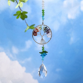 Tree of Life Crystal Pendant Decorations, with Metal Findings, for Home, Garden Decoration, Colorful, 320x50mm