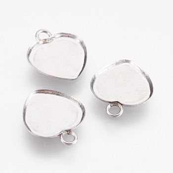 304 Stainless Steel Pendant Cabochon Settings, Plain Edge Bezel Cups, Heart, Stainless Steel Color, Tray: 10x10mm, 13x11x1mm, Hole: 1.6mm