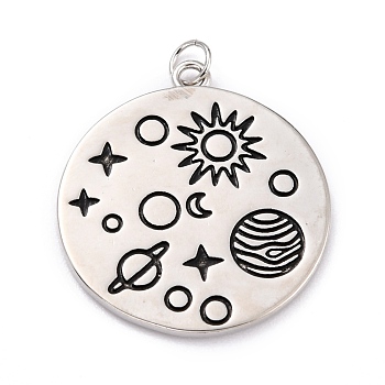 Brass Enamel Pendants, Solar System Pendants, with Jump Rings, Long-Lasting Plated, Flat Round & Planet, Black, Real Platinum Plated, 24x21.5x1.5mm, Hole: 3mm