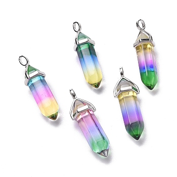 Faceted Bullet Glass Pointed Pendants, with Platinum Plated Brass Findings, Dark Green, 38~39.5x12.5x10mm, Hole: 5x3mm