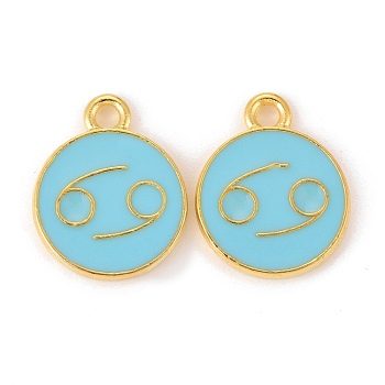 Alloy Enamel Pendants, Flat Round with Constellation/Zodiac Sign, Golden, Sky Blue, Cancer, 15x12x2mm, Hole: 1.5mm