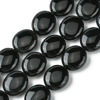 Natural Black Onyx(Dyed & Heated) Beads Strands, Flat Oval, 15~16x13.5~14x6~7mm, Hole: 1mm, about 26pcs/strand, 15.79''(40.1cm)