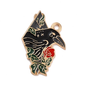 Alloy Enamel Pendants, Crow with Rose, Light Gold, 18x29x1mm, Hole: 2mm