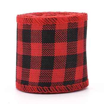 Polyester Imitation Linen Ribbon, Linen Wired Edge Ribbon, Tartan Pattern, for DIY Crafts, Christmas, Wedding, Home Decoration, Red, 2-3/8 inch(60mm), 5m/roll(5.5 yards/roll)