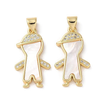 Brass Micro Pave Clear Cubic Zirconia Pendants, with Shell, Real 18K Gold Plated, Human, 24x13.5x3mm, Hole: 5x3.5mm